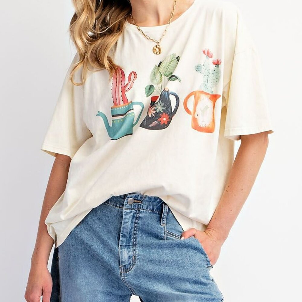NEW Easel Ecru T-Shirt With Graphic Cactus Planted In Tea Pots